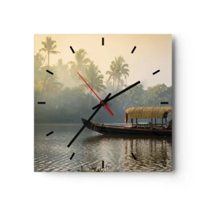 Reloj de pared - Reloj de vidrio - Un barco tradicional en un río tranquilo entre palmeras. - 30x30cm - Casa en el río - Decoración de pared moderna para salón y dormitorio ARTTOR