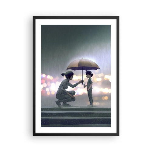Póster en marco negro - Un adulto le entrega un paraguas a un niño ante un fondo lluvioso. - 50x70cm - Y todo está bien - Decoración de pared moderna para salón y dormitorio ARTTOR