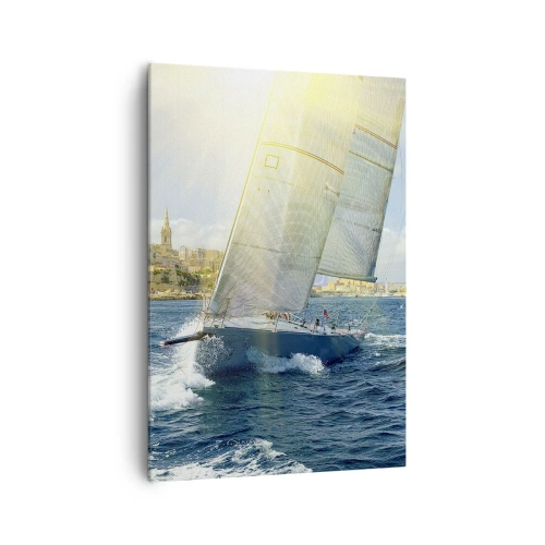 Cuadro sobre lienzo - Impresión de Imagen - Regata con el telón de fondo de una costa soleada - 70x100cm - Hora de abandonar la ciudad - Decoración de pared moderna para salón y dormitorio ARTTOR