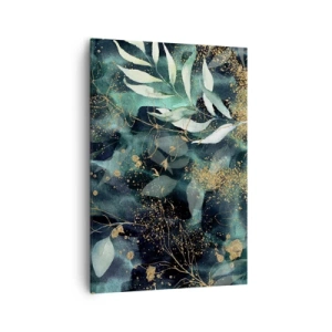 Cuadro sobre lienzo - Impresión de Imagen - Hojas elegantes sobre un fondo oscuro con acentos dorados. - 70x100cm - Jardín encantado - Decoración de pared moderna para salón y dormitorio ARTTOR