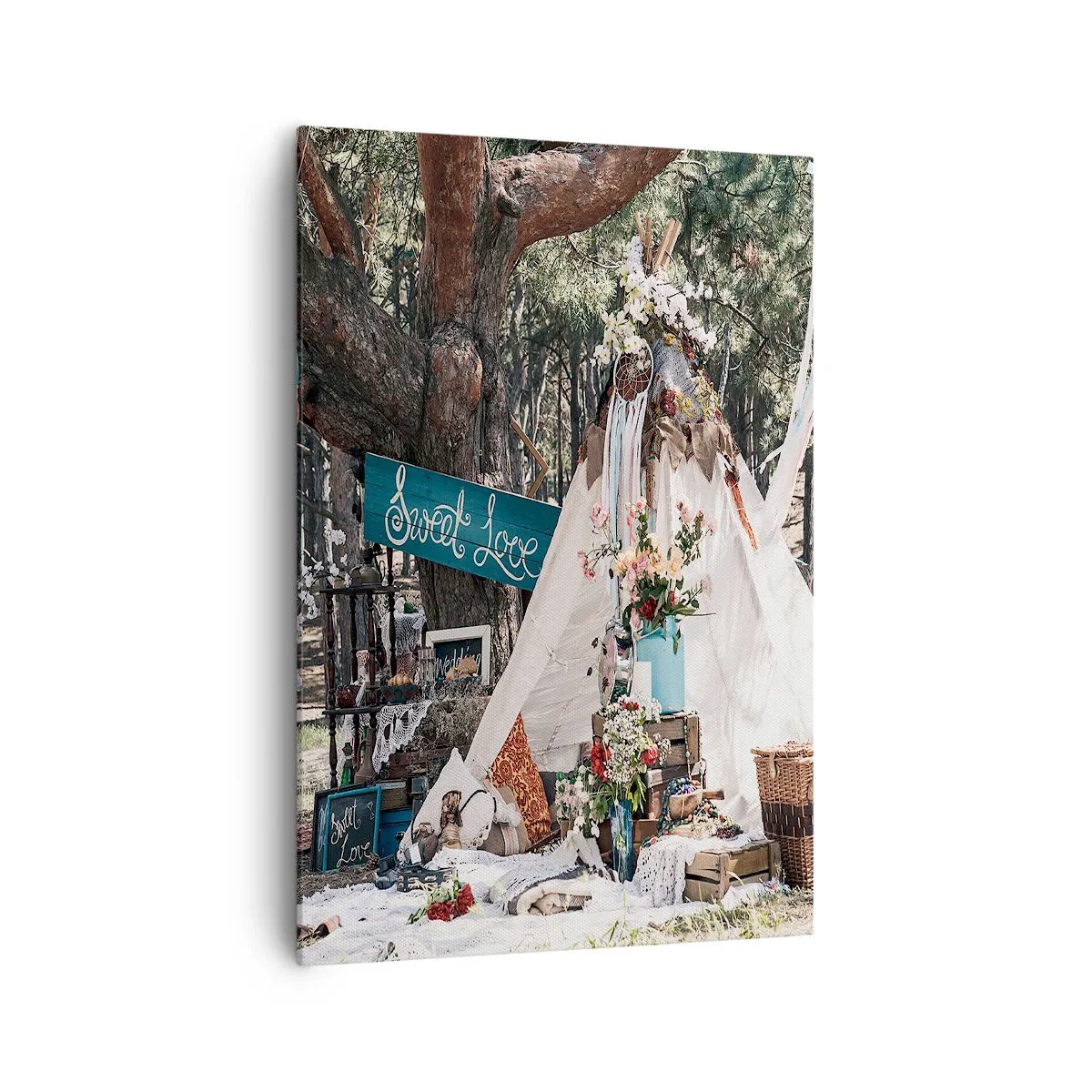 Cuadro sobre lienzo - Impresión de Imagen - Decoración boho con un tipi en el bosque - 70x100cm - Amor exótico - Decoración de pared moderna para salón y dormitorio ARTTOR