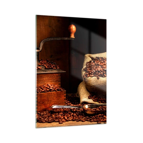 Cuadro sobre vidrio - Impresiones sobre Vidrio - Un viejo molinillo de café con granos y una bolsa de café. - 50x70cm - Bodegón con granos de café y molinillo - Decoración de pared moderna para salón y dormitorio ARTTOR