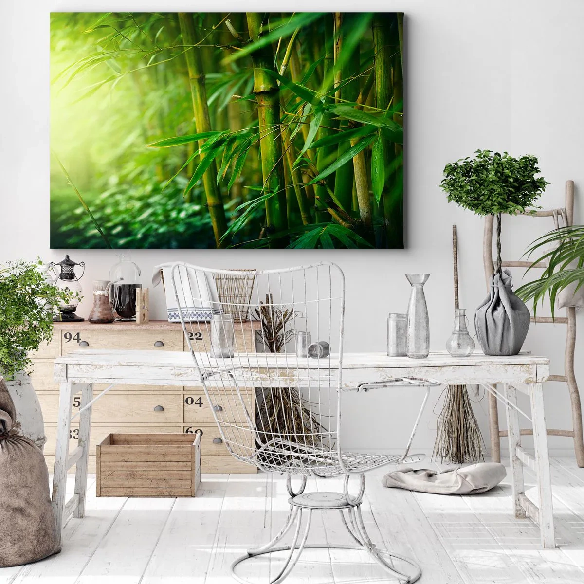 Cuadro sobre lienzo - Impresión de Imagen - Bosque de bambú verde bajo una luz suave - 70x50cm - Conocer el propio verdor - Decoración de pared moderna para salón y dormitorio ARTTOR