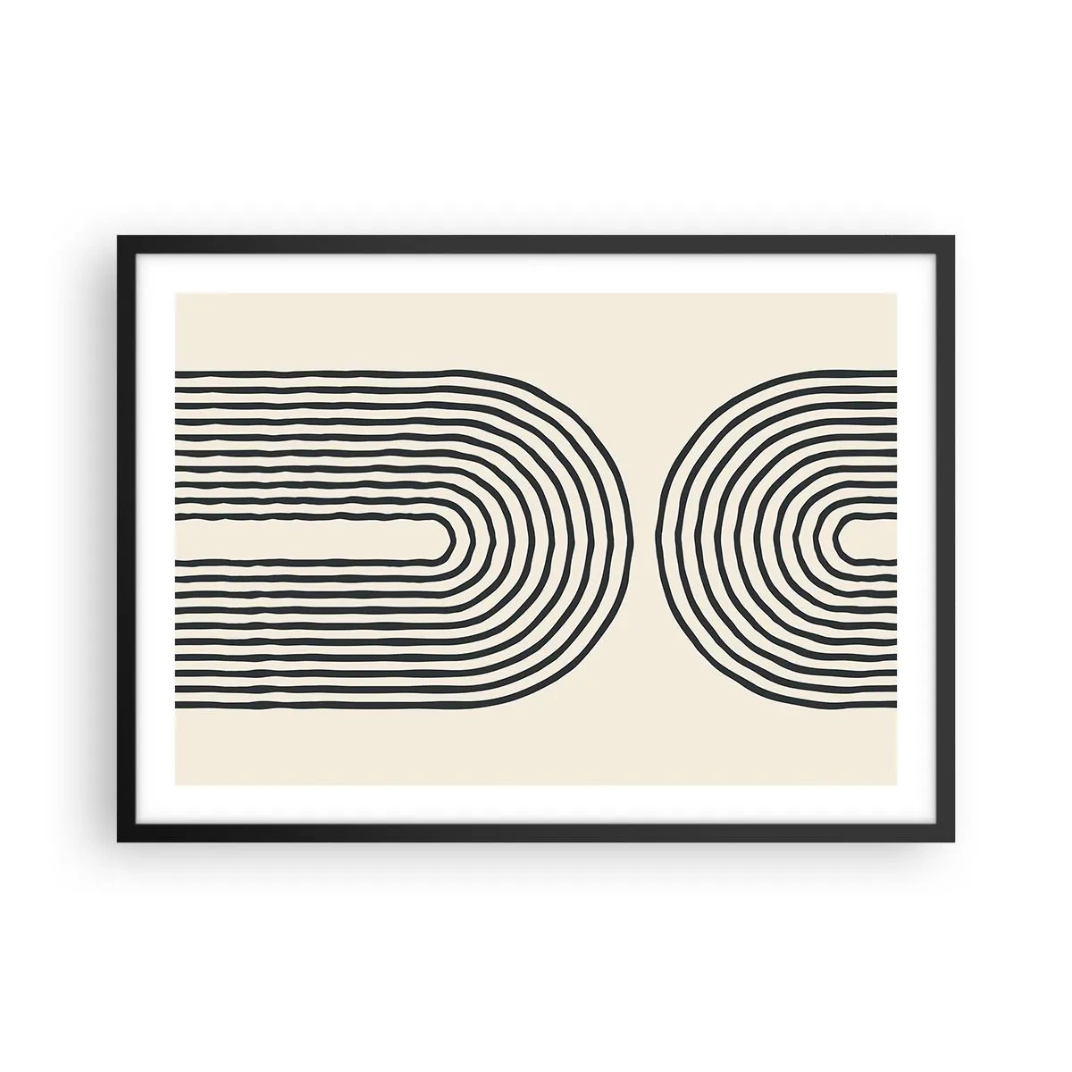 Póster en marco negro - Patrón geométrico abstracto con líneas simétricas sobre un fondo claro. - 70x50cm - Próximamente... - Decoración de pared moderna para salón y dormitorio ARTTOR