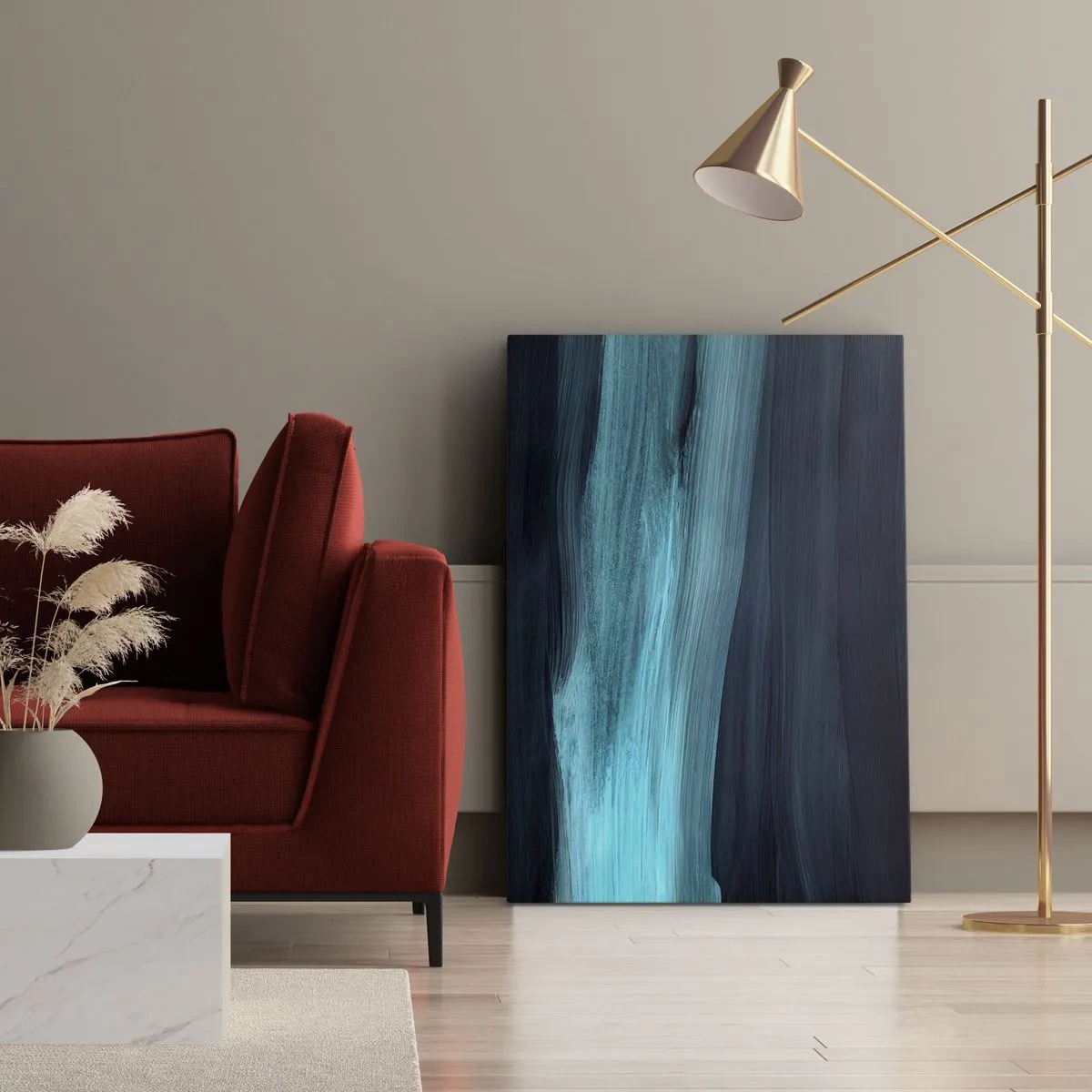 Cuadro sobre lienzo - Impresión de Imagen - Ondas abstractas sutiles en tonos oscuros de azul. - 50x70cm - Nadar con la corriente - Decoración de pared moderna para salón y dormitorio ARTTOR