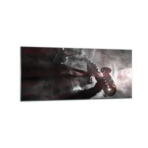 Cuadro sobre vidrio - Impresiones sobre Vidrio - Saxofonista en humo en el escenario en negro y rojo atmosférico - 120x50cm - En el vapor del jazz - Decoración de pared moderna para salón y dormitorio ARTTOR