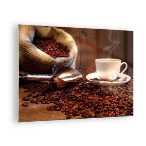 Cuadro sobre vidrio - Impresiones sobre Vidrio - Una taza de café sobre un fondo de frijoles y una bolsa de yute. - 70x50cm - ¿Hueles eso? - Decoración de pared moderna para salón y dormitorio ARTTOR