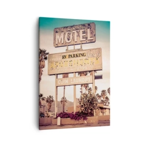Cuadro sobre lienzo - Impresión de Imagen - Letrero de motel retro rodeado de palmeras - 50x70cm - El tiempo se detuvo - Decoración de pared moderna para salón y dormitorio ARTTOR