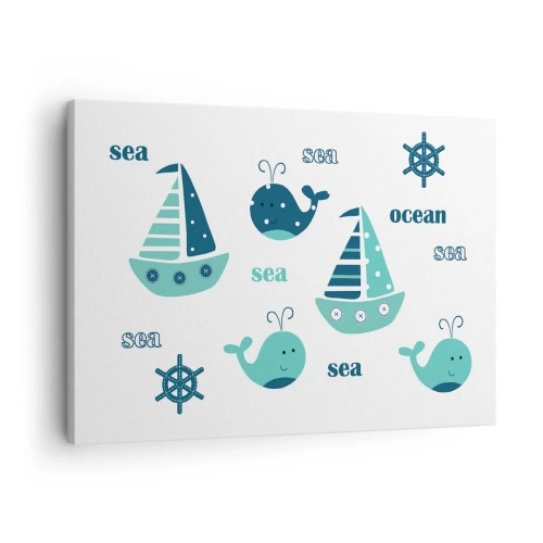 Cuadro sobre lienzo - Impresión de Imagen - Encantadores motivos náuticos con ballenas y veleros. - 70x50cm - A través de mares y océanos - Decoración de pared moderna para salón y dormitorio ARTTOR