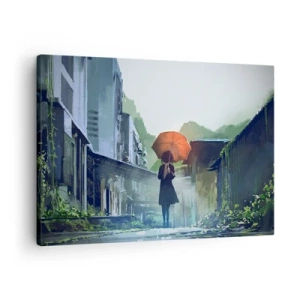 Cuadro sobre lienzo - Impresión de Imagen - Una figura con un paraguas en una ciudad lluviosa. - 70x50cm - Una lluvia revitalizante - Decoración de pared moderna para salón y dormitorio ARTTOR