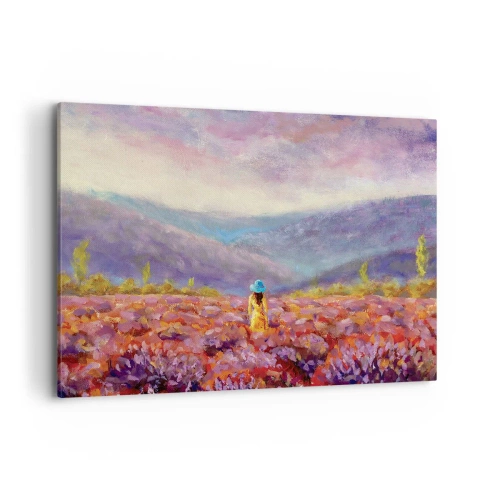 Cuadro sobre lienzo - Impresión de Imagen - Una mujer con sombrero caminando por un campo de lavanda. - 100x70cm - En un mundo de lavanda - Decoración de pared moderna para salón y dormitorio ARTTOR
