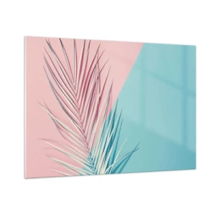 Cuadro sobre vidrio - Impresiones sobre Vidrio - Una hoja de palma sobre un fondo pastel en una composición geométrica. - 100x70cm - Impresión tropical - Decoración de pared moderna para salón y dormitorio ARTTOR