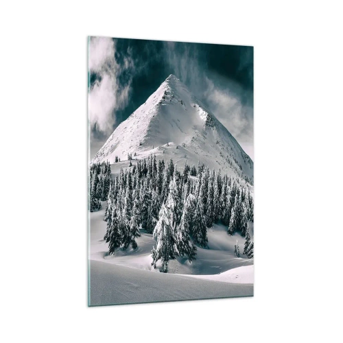 Cuadro sobre vidrio - Impresiones sobre Vidrio - Un pico de montaña cubierto de nieve rodeado de un bosque invernal. - 80x120cm - Tierra de nieve y hielo - Decoración de pared moderna para salón y dormitorio ARTTOR