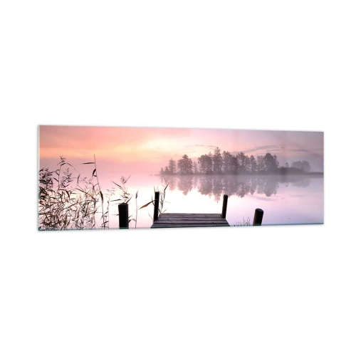 Cuadro sobre vidrio - Impresiones sobre Vidrio - Un embarcadero junto al lago al amanecer con niebla y un cielo pastel. - 160x50cm - De la niebla lila... - Decoración de pared moderna para salón y dormitorio ARTTOR