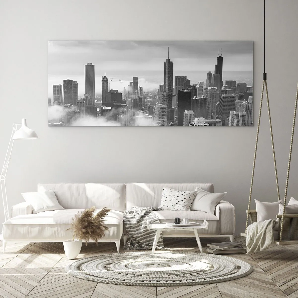 Cuadro sobre vidrio - Impresiones sobre Vidrio - Panorama de la ciudad con rascacielos en las nubes en blanco y negro - 160x50cm - Paisaje americano - Decoración de pared moderna para salón y dormitorio ARTTOR