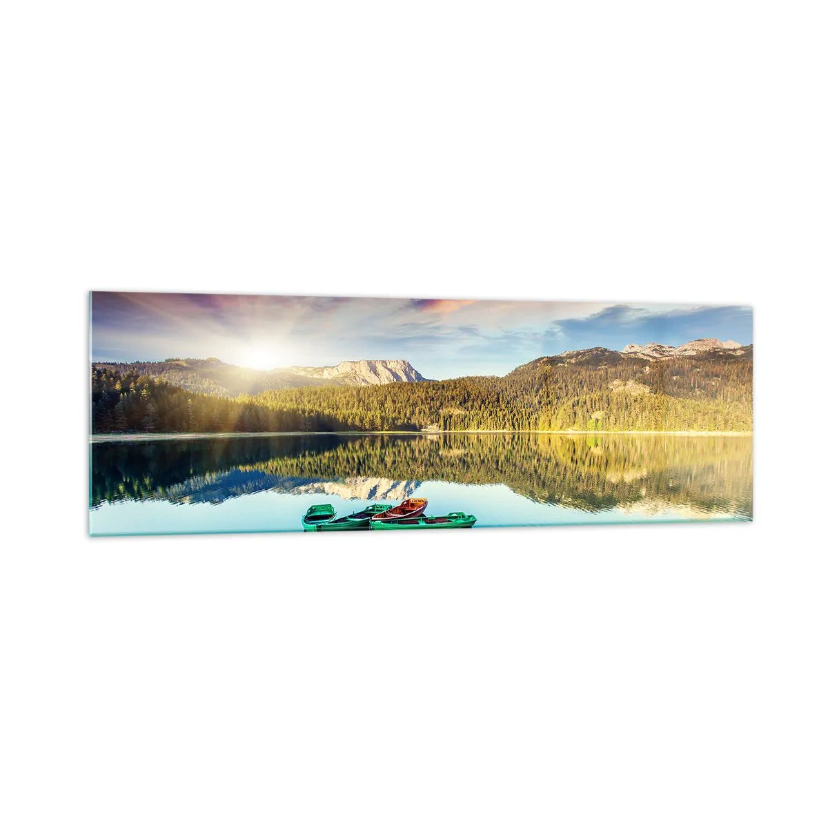 Cuadro sobre vidrio - Impresiones sobre Vidrio - Puesta de sol sobre el lago con barcos en el muelle - 160x50cm - Sobre el agua tan suave como un espejo - Decoración de pared moderna para salón y dormitorio ARTTOR