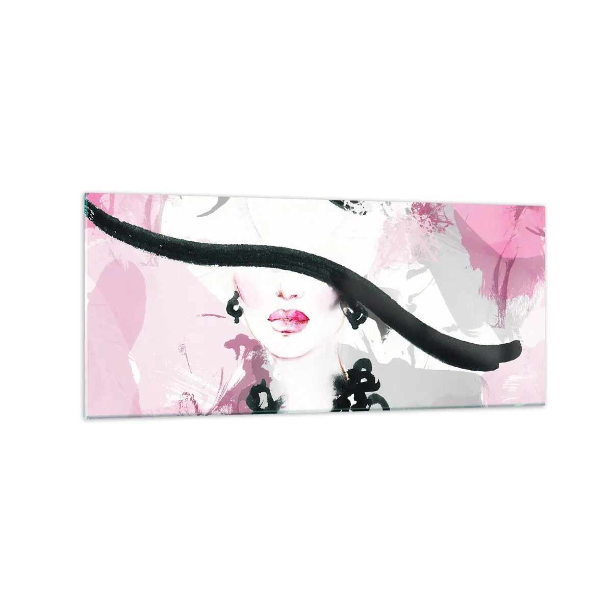 Cuadro sobre vidrio - Impresiones sobre Vidrio - Una mujer elegante con sombrero sobre un fondo de abstracciones rosas. - 120x50cm - Retrato de una dama en negro y rosa - Decoración de pared moderna para salón y dormitorio ARTTOR