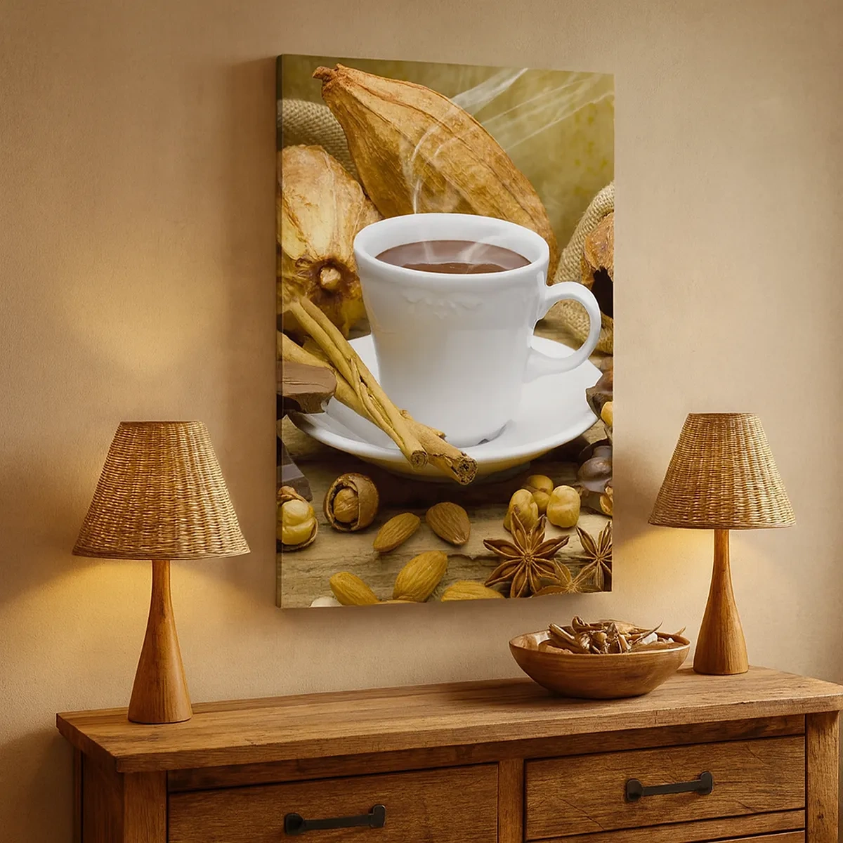 Cuadro sobre lienzo - Impresión de Imagen - Una taza de chocolate caliente rodeada de cacao y canela. - 50x70cm - Para los que buscan emociones - Decoración de pared moderna para salón y dormitorio ARTTOR