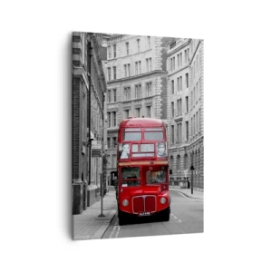 Cuadro sobre lienzo - Impresión de Imagen - Un autobús rojo sobre un fondo de edificios de la ciudad en blanco y negro. - 50x70cm - La vida cotidiana no tiene por qué ser gris - Decoración de pared moderna para salón y dormitorio ARTTOR