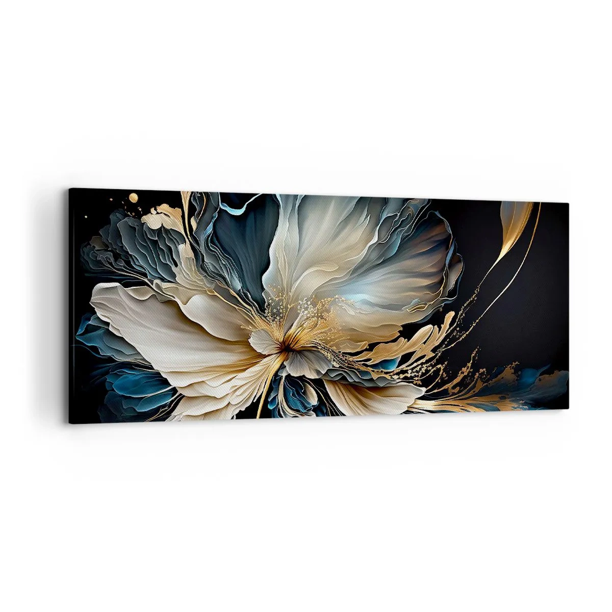 Cuadro sobre lienzo - Impresión de Imagen - Una flor en tonos dorados y azul marino sobre un fondo negro. - 120x50cm - Flor de helecho de cuento - Decoración de pared moderna para salón y dormitorio ARTTOR