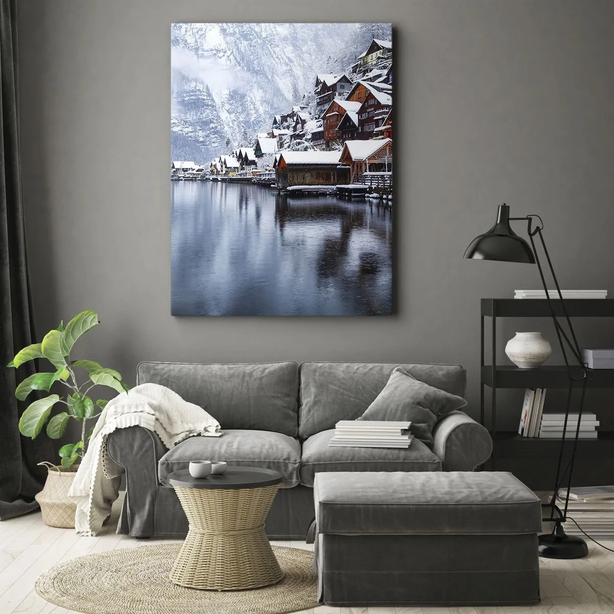 Cuadro sobre lienzo - Impresión de Imagen - Vista invernal de un pueblo de montaña junto al lago. - 50x70cm - En un decorado de invierno - Decoración de pared moderna para salón y dormitorio ARTTOR