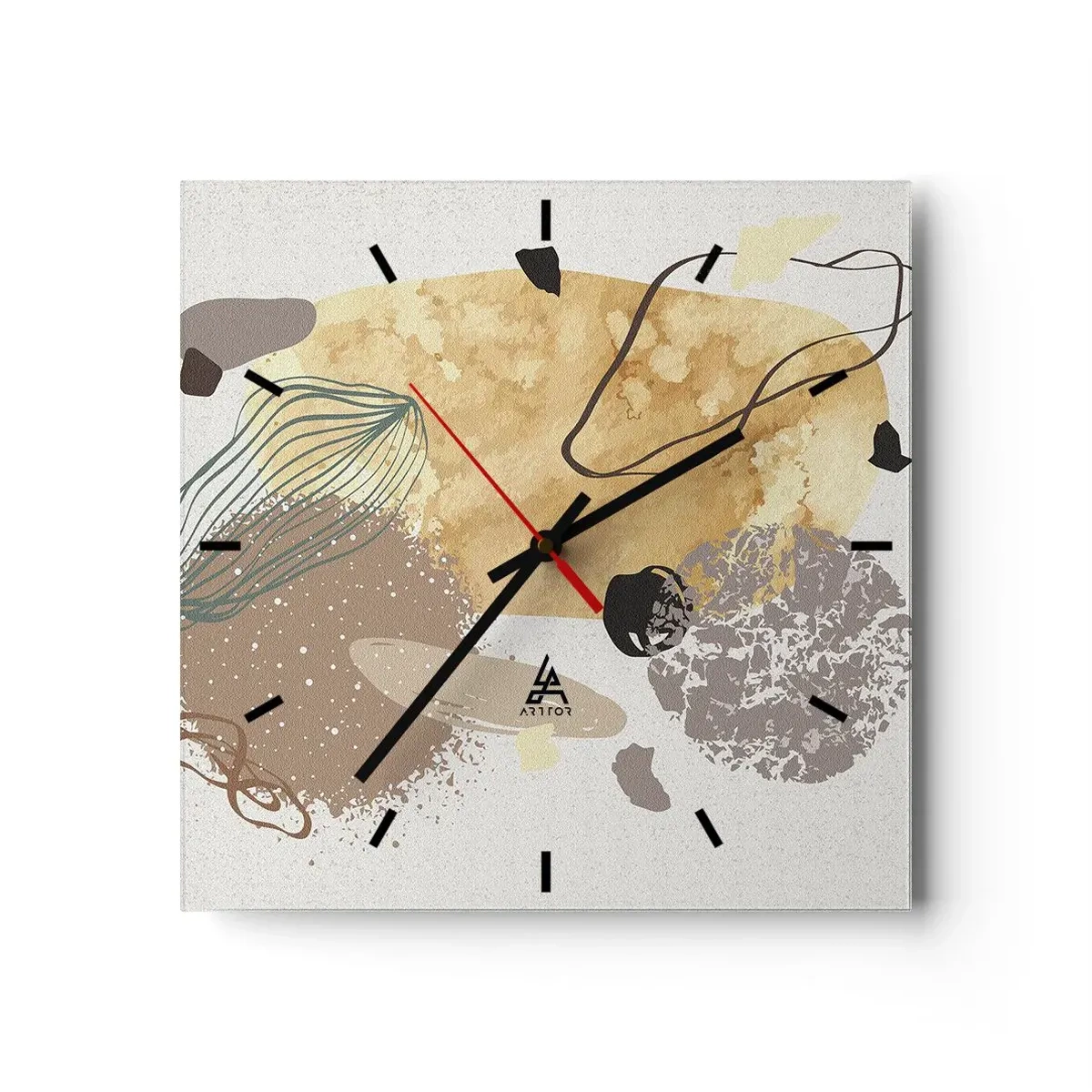 Reloj de pared - Reloj de vidrio - Una composición de formas abstractas en beige y amarillo. - 30x30cm - Plumología aplicada - Decoración de pared moderna para salón y dormitorio ARTTOR