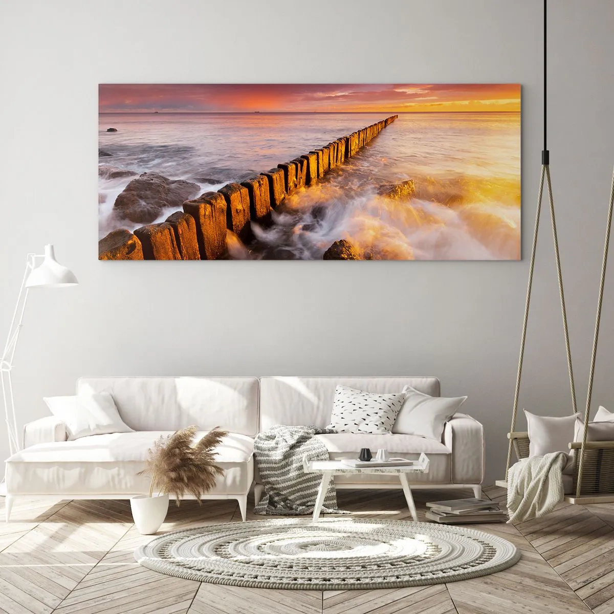 Cuadro sobre vidrio - Impresiones sobre Vidrio - Un paisaje pintoresco junto al mar al atardecer. - 140x50cm - La dulzura de las olas - Decoración de pared moderna para salón y dormitorio ARTTOR