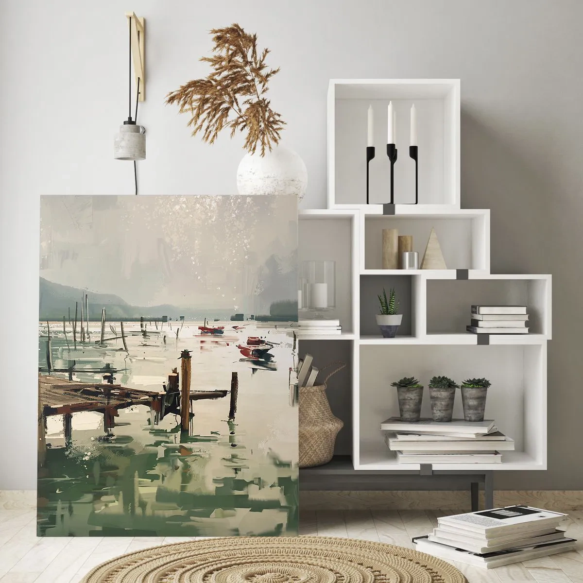 Cuadro sobre vidrio - Impresiones sobre Vidrio - Un puerto pintoresco con barcos en aguas tranquilas. - 70x100cm - Empapado en la luna fundida - Decoración de pared moderna para salón y dormitorio ARTTOR