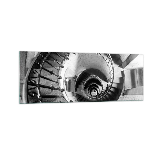 Cuadro sobre vidrio - Impresiones sobre Vidrio - Fotografía en blanco y negro de una escalera de caracol con perspectiva de arriba hacia abajo. - 140x50cm - Cada vez más alto - Decoración de pared moderna para salón y dormitorio ARTTOR