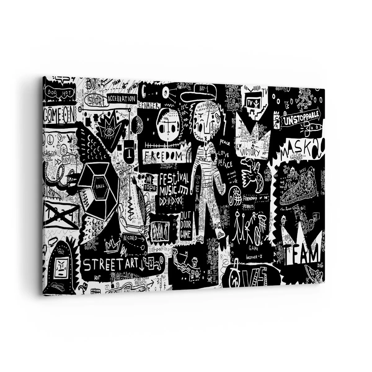 Cuadro sobre lienzo - Impresión de Imagen - Collage en blanco y negro inspirado en el arte callejero - 120x80cm - La juventud espiritual de la ley y la alegría - Decoración de pared moderna para salón y dormitorio ARTTOR