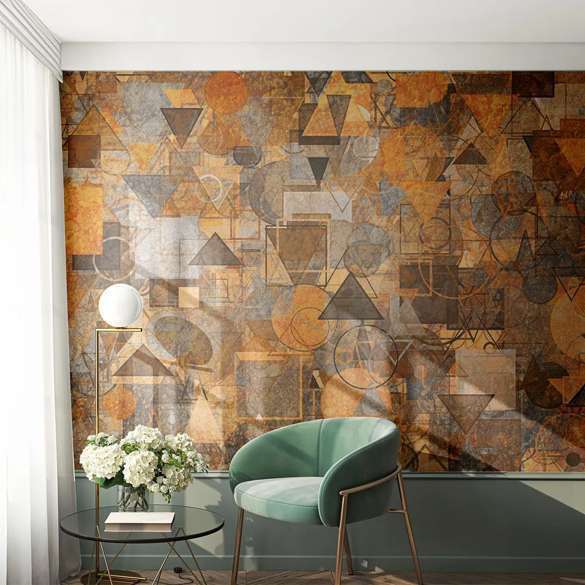 Fotomural Standard Eco - Abstracción geométrica marrón dorada con triángulos. - 100x70cm - El mundo en formas - Decoración de pared moderna para salón y dormitorio ARTTOR