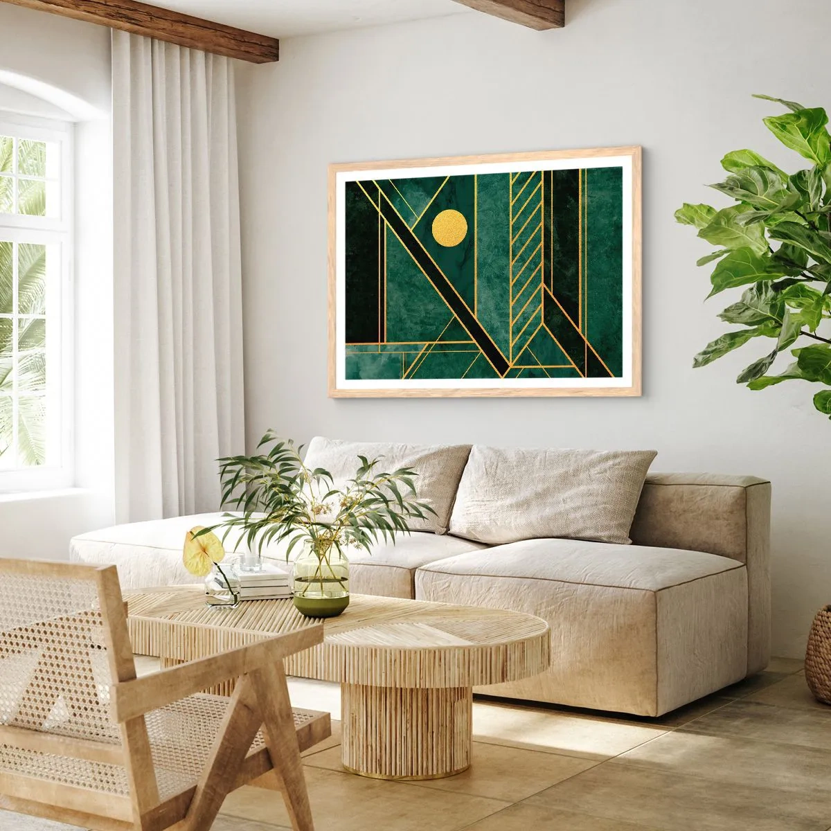 Póster en marco roble claro - La dinámica del oro y el azul - 70x50 cm