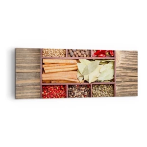 Cuadro sobre lienzo - Impresión de Imagen - Caja de madera con varias especias en compartimentos. - 140x50cm - Orden de formas, composición de aromas - Decoración de pared moderna para salón y dormitorio ARTTOR