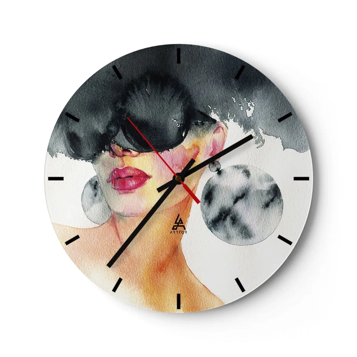 Reloj de pared - Reloj de vidrio - Retrato de una mujer con gafas y pendientes grandes, acuarela - 30x30cm - El secreto de la elegancia - Decoración de pared moderna para salón, cocina y dormitorio ARTTOR