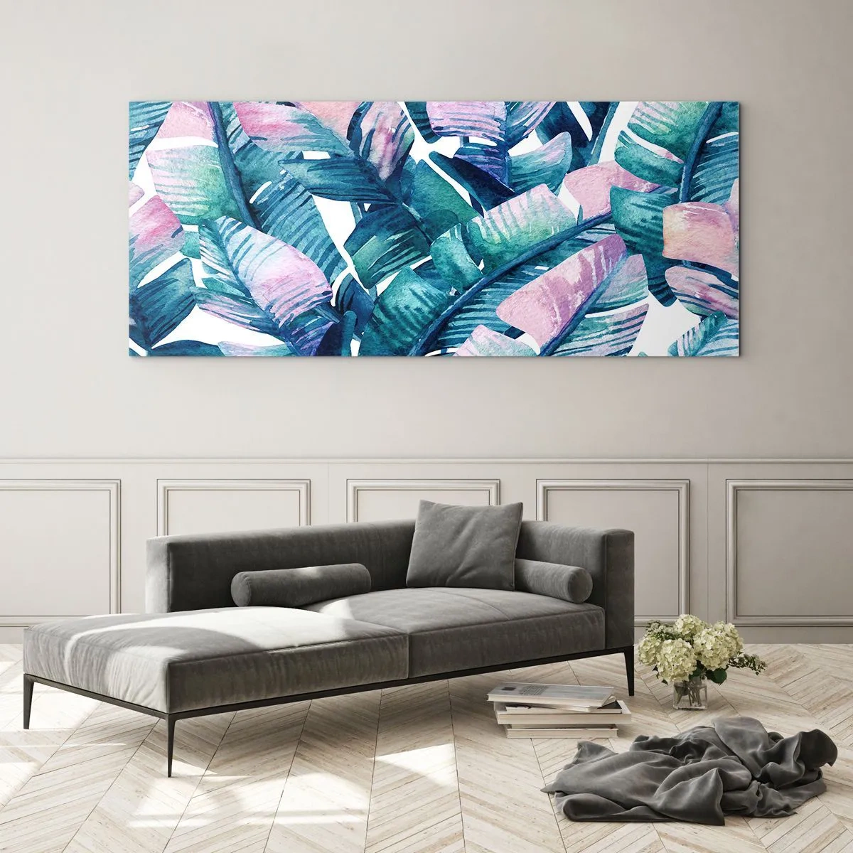 Cuadro sobre vidrio - Impresiones sobre Vidrio - Hojas de plátano en tonos azules y rosas. - 140x50cm - En una plantación de plátanos - Decoración de pared moderna para salón y dormitorio ARTTOR