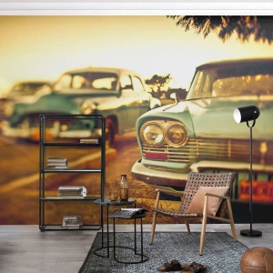 Fotomural Premium Canvas - Coches clásicos bajo la cálida luz del atardecer. - 100x70cm - A la espera del futuro - Decoración de pared moderna para salón y dormitorio ARTTOR