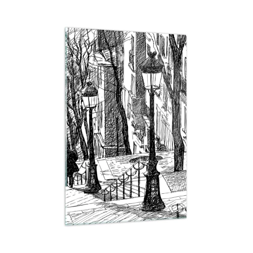 Cuadro sobre vidrio - Impresiones sobre Vidrio - Una calle con farolas y una silueta humana en técnica de boceto. - 70x100cm - ¿Una historia de amor o de terror? - Decoración de pared moderna para salón y dormitorio ARTTOR