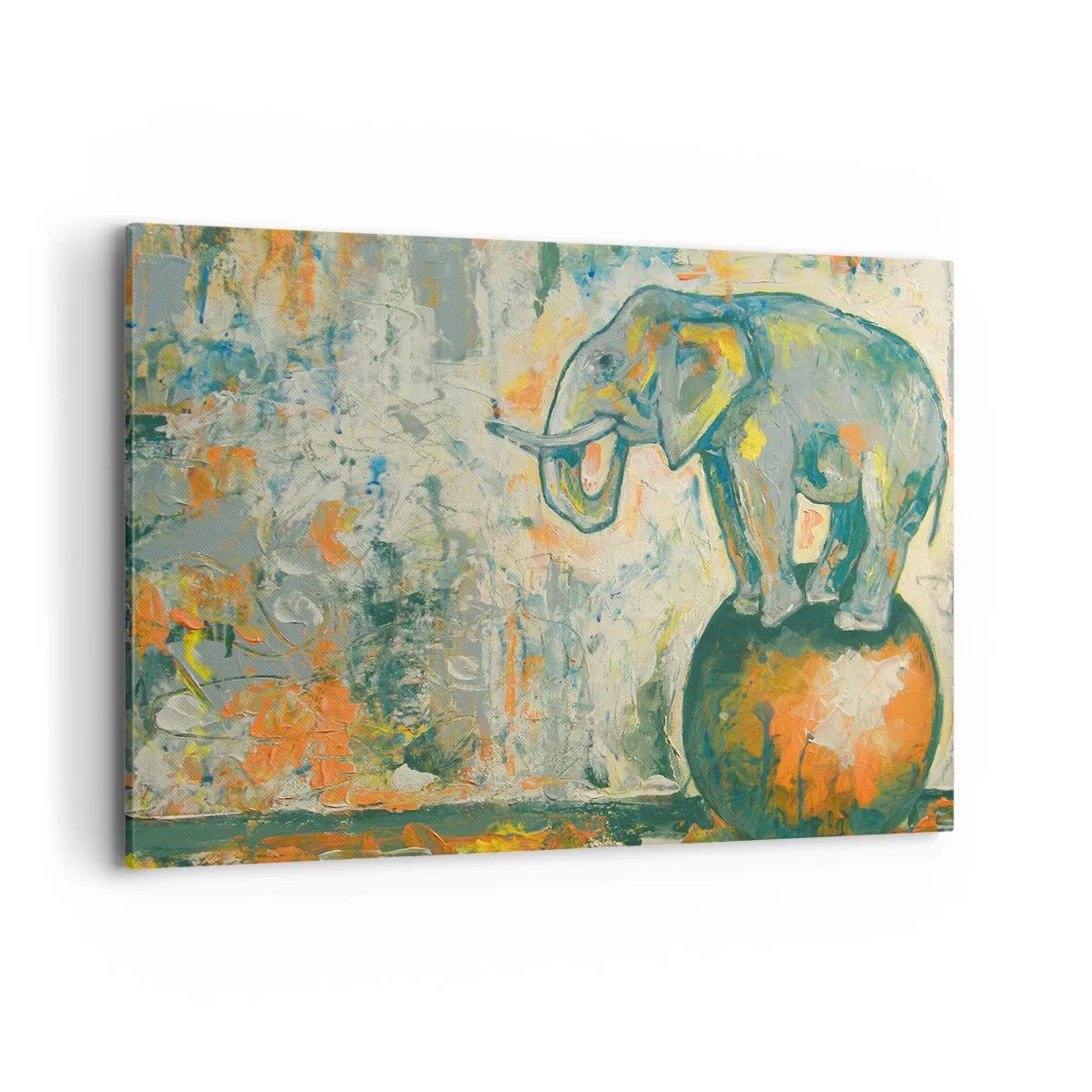 Cuadro sobre lienzo - Impresión de Imagen - Un elefante haciendo equilibrio sobre una pelota en un estilo artístico. - 120x80cm - ¡Viva el circo! - Decoración de pared moderna para salón y dormitorio ARTTOR