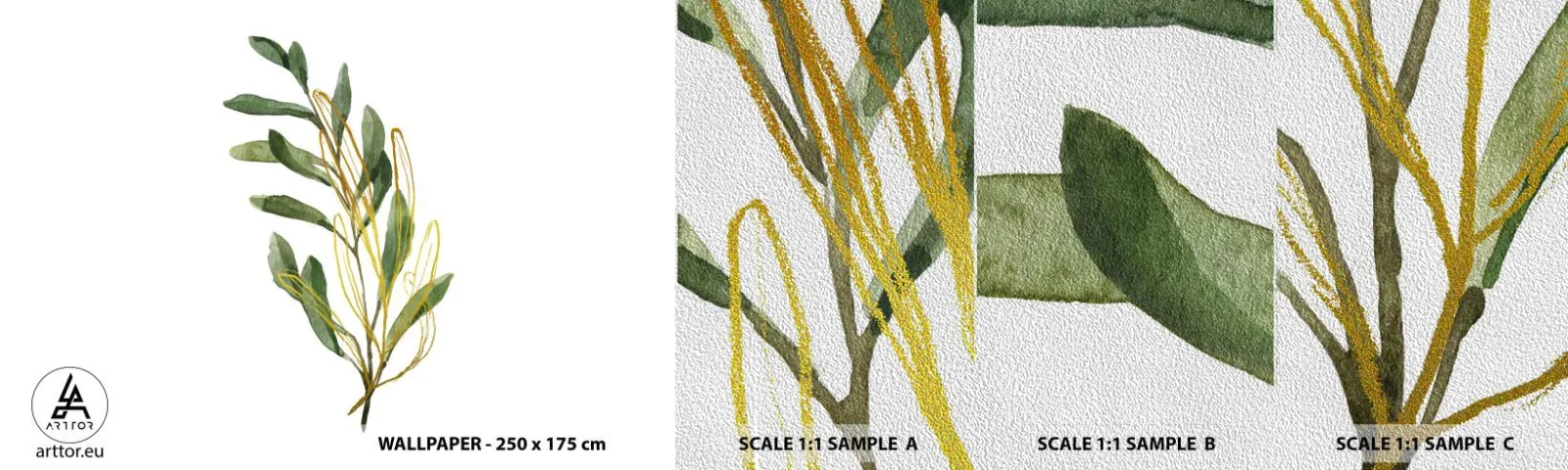 Muestra de fotomural Premium Sand - La vida se abre camino - Hojas, Aceituna, Planta - 100x30 cm