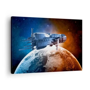 Cuadro sobre lienzo - Impresión de Imagen - Una nave espacial con un planeta en el espacio como telón de fondo. - 70x50cm - Un observador atento - Decoración de pared moderna para salón y dormitorio ARTTOR