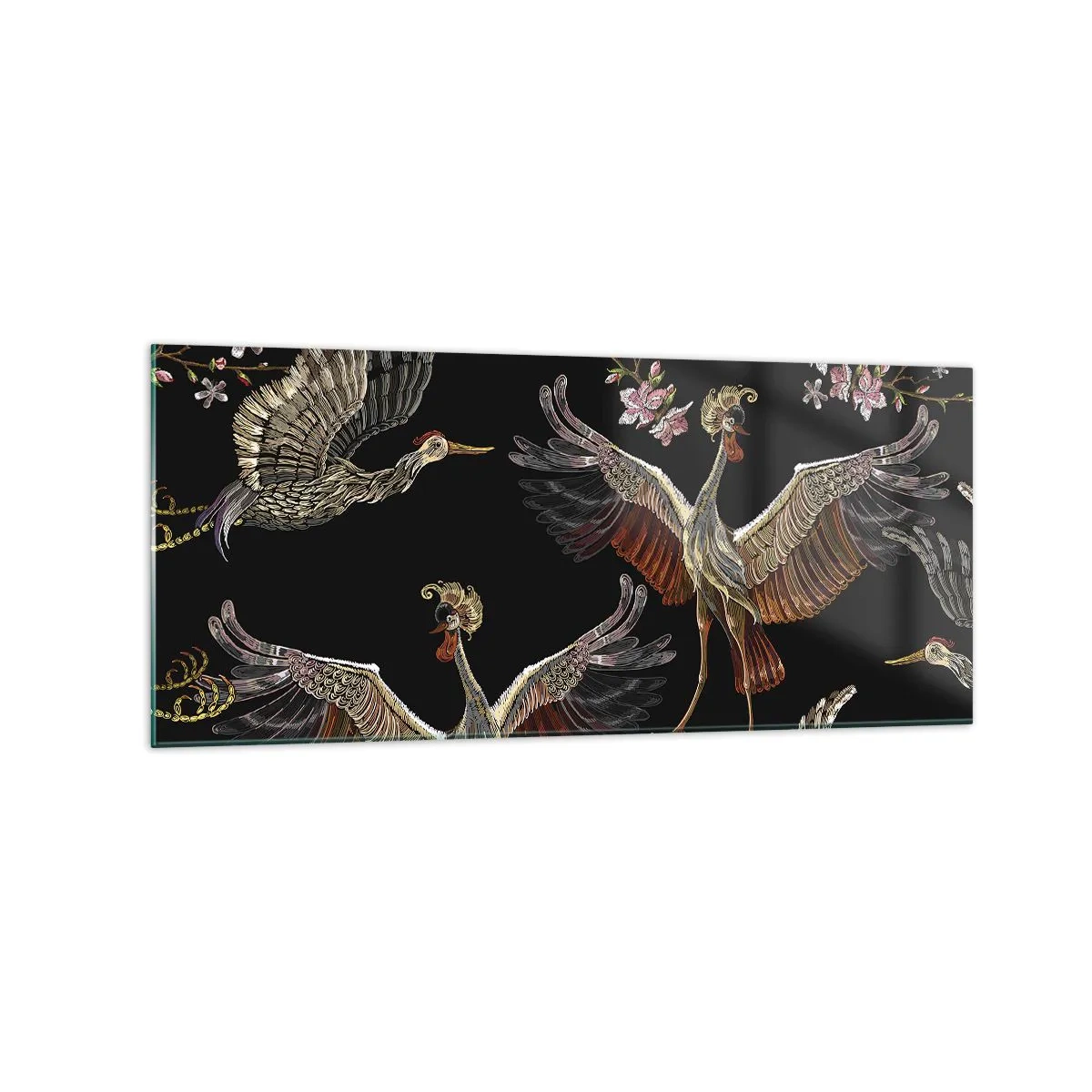 Cuadro sobre vidrio - Impresiones sobre Vidrio - Grullas y flores elegantes sobre un fondo negro. - 120x50cm - Aves de cuento de hadas - Decoración de pared moderna para salón y dormitorio ARTTOR