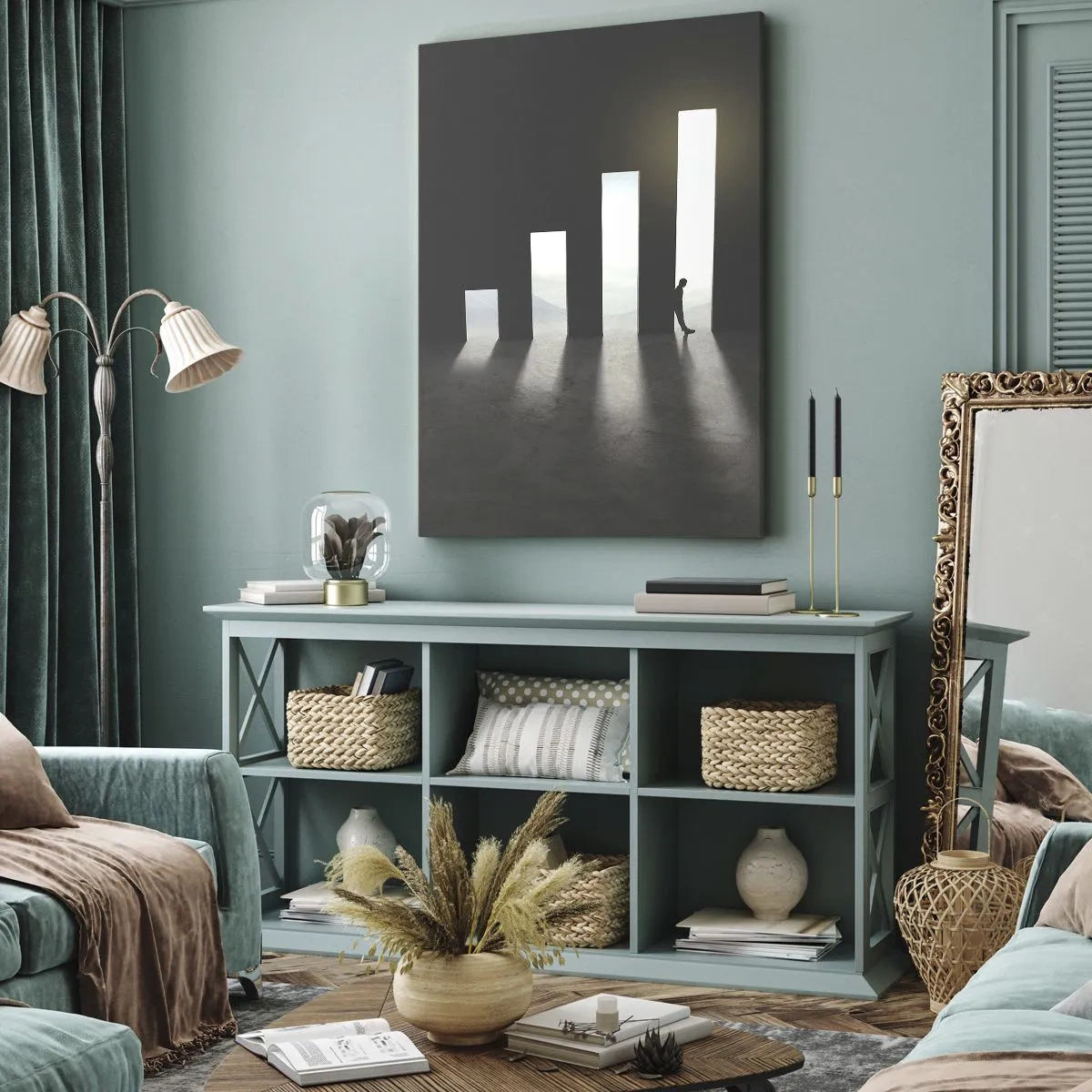 Cuadro sobre lienzo - Impresión de Imagen - Crecimiento simbólico en forma de pasajes iluminados por la luz. - 50x70cm - El camino del éxito - Decoración de pared moderna para salón y dormitorio ARTTOR