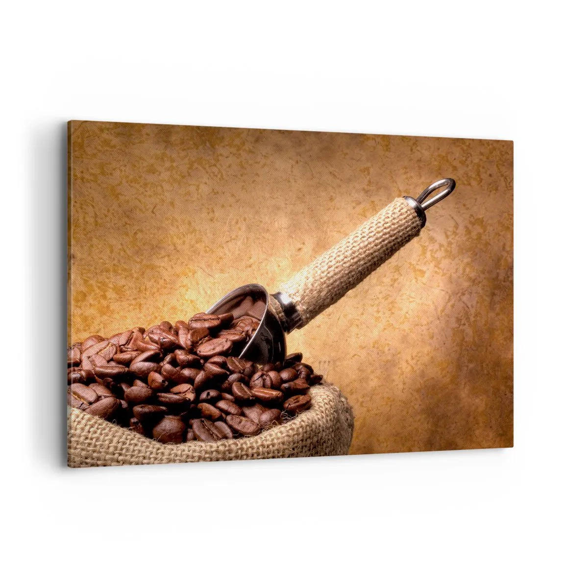 Cuadro sobre lienzo - Impresión de Imagen - Granos de café en una bolsa de yute con una cuchara de metal. - 100x70cm - En la fuente del sabor - Decoración de pared moderna para salón y dormitorio ARTTOR