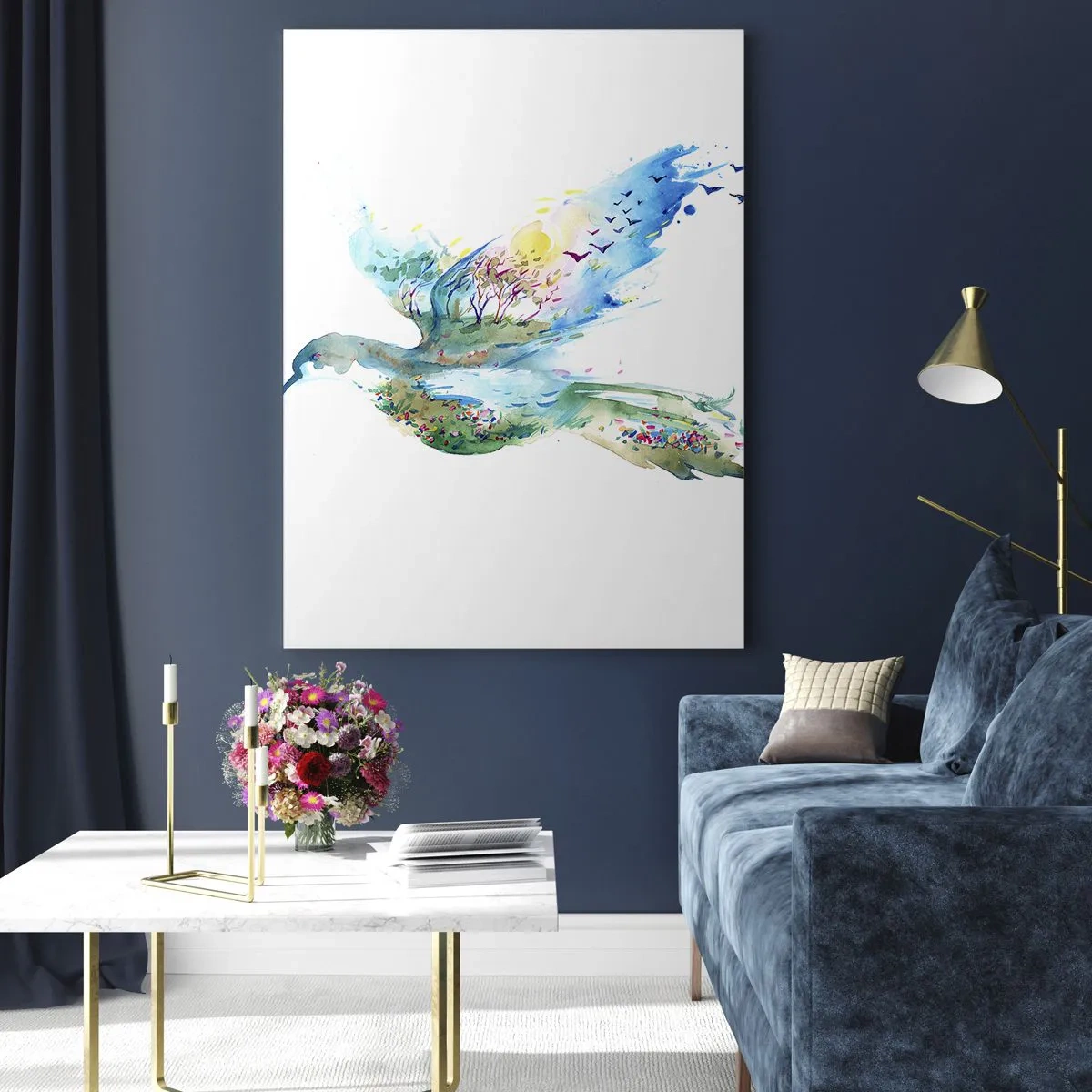 Cuadro sobre vidrio - Impresiones sobre Vidrio - Composición en acuarela de un pájaro con elementos de la naturaleza. - 70x100cm - En las alas de la naturaleza - Decoración de pared moderna para salón y dormitorio ARTTOR