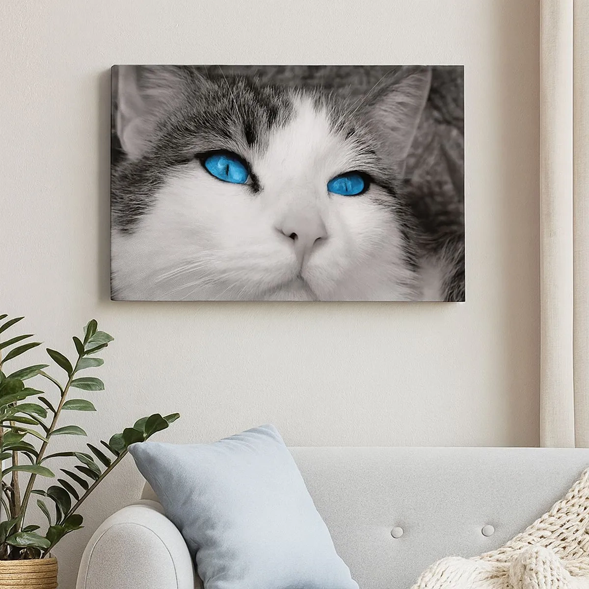 Cuadro sobre lienzo - Impresión de Imagen - Retrato de un gato con ojos azules en estilo blanco y negro. - 70x50cm - Inusual de ojos azules - Decoración de pared moderna para salón y dormitorio ARTTOR