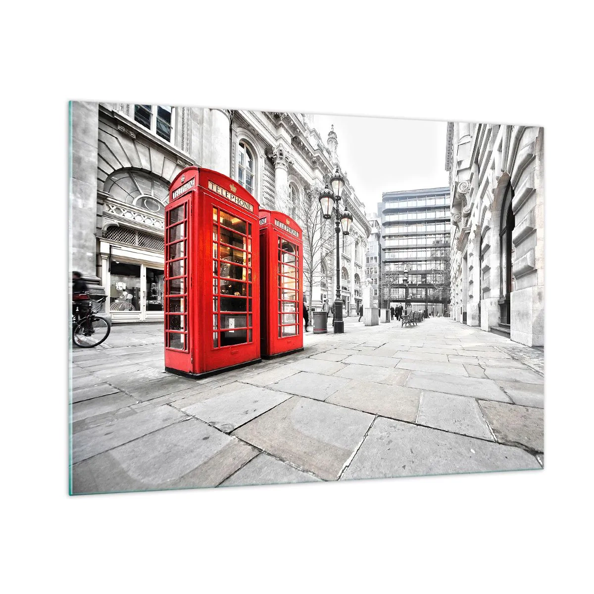 Cuadro sobre vidrio - Impresiones sobre Vidrio - Cabinas telefónicas rojas con el telón de fondo de una calle de la ciudad - 100x70cm - Bienvenido a Londres - Decoración de pared moderna para salón y dormitorio ARTTOR