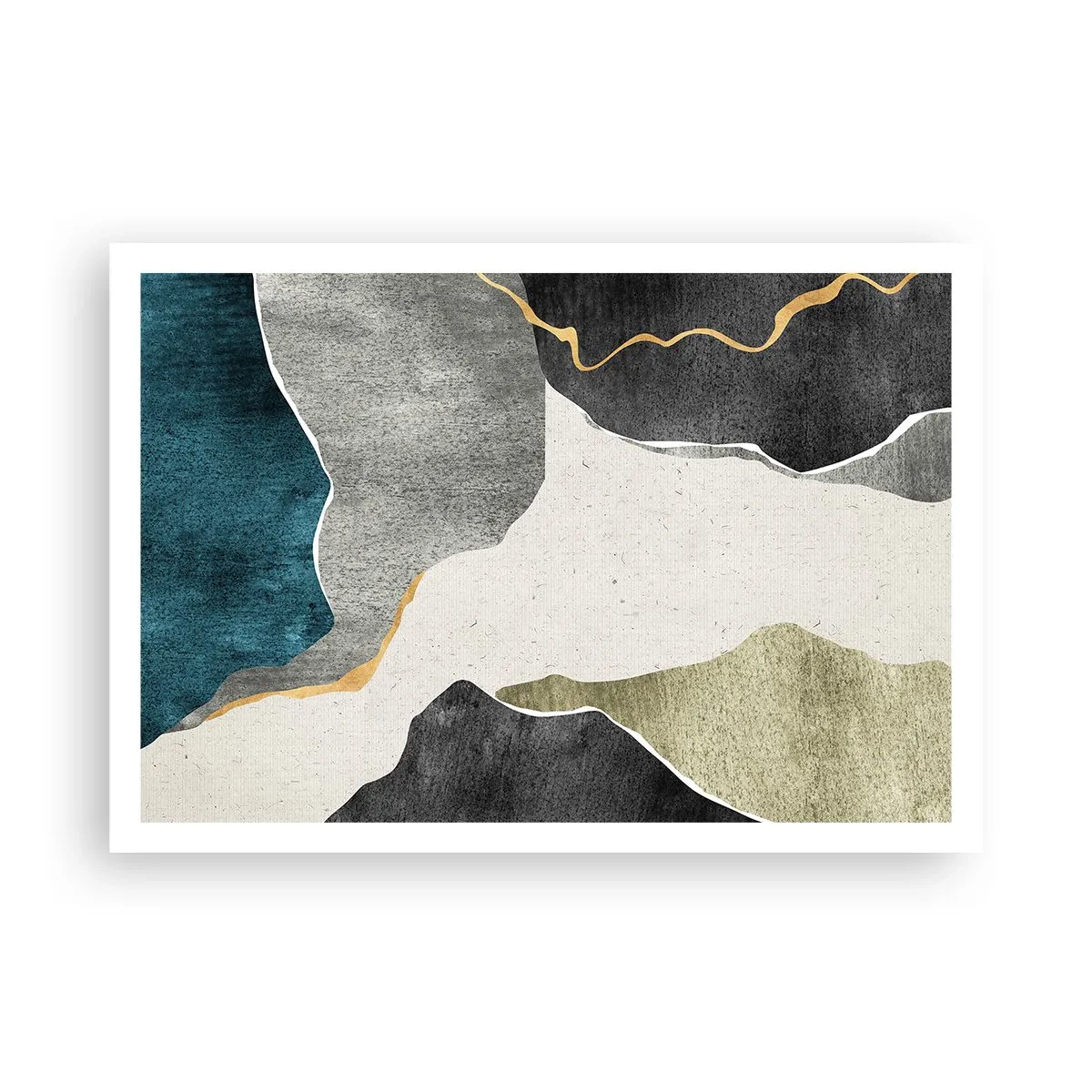 Póster - Formas geométricas en tonos grises, verdes y dorados. - 100x70cm - Composición en mosaico con una hebra de oro - Decoración de pared moderna para salón y dormitorio ARTTOR