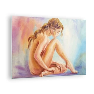 Cuadro sobre vidrio - Impresiones sobre Vidrio - Una mujer en un sutil reflejo sobre un fondo de colores pastel. - 70x50cm - Acto de juventud - Decoración de pared moderna para salón y dormitorio ARTTOR