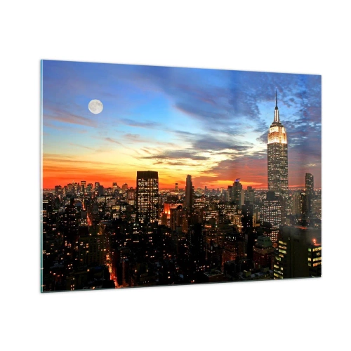 Cuadro sobre vidrio - Impresiones sobre Vidrio - Panorama nocturno de la ciudad con edificios iluminados. - 100x70cm - Una luminosa noche americana - Decoración de pared moderna para salón y dormitorio ARTTOR