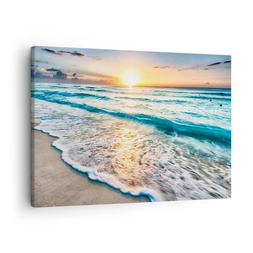 Cuadro sobre lienzo - Impresión de Imagen - Amanecer sobre una playa tranquila con olas. - 70x50cm - Un espectáculo digno de ver - Decoración de pared moderna para salón y dormitorio ARTTOR